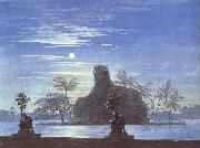 Karl friedrich schinkel, The Garden of Sarastro by Moonlight with Sphinx,decor for Mozart-s opera Die Zauberflote